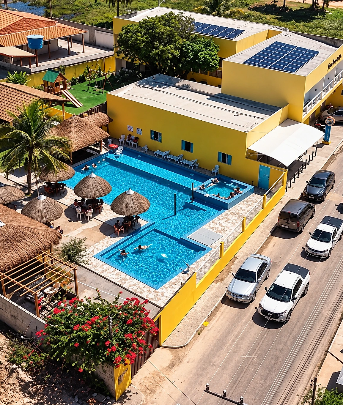 Vista aérea do Viana Praia Hotel durante o dia, com piscinas e área de lazer