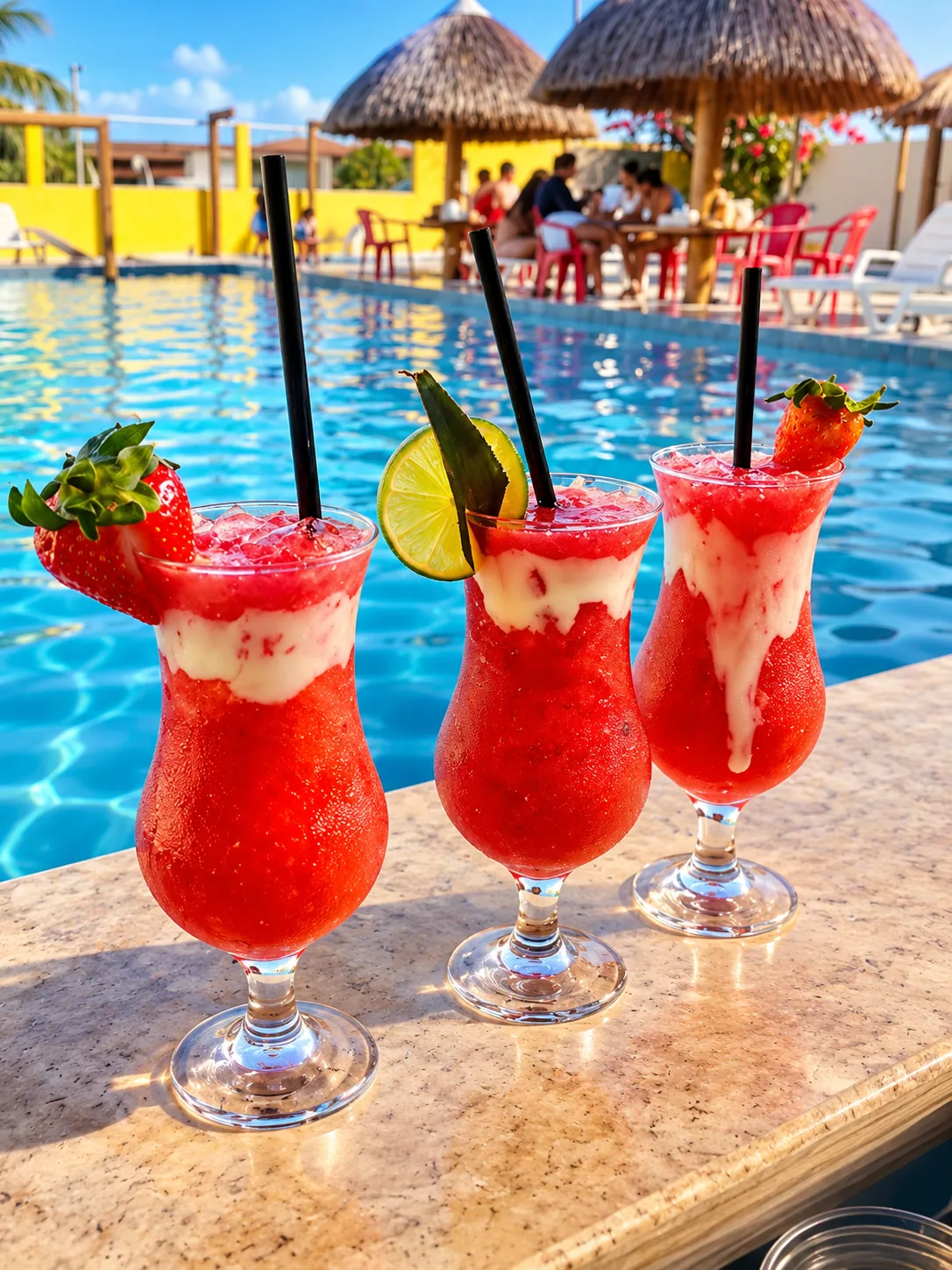Drinks de morango servidos à beira da piscina