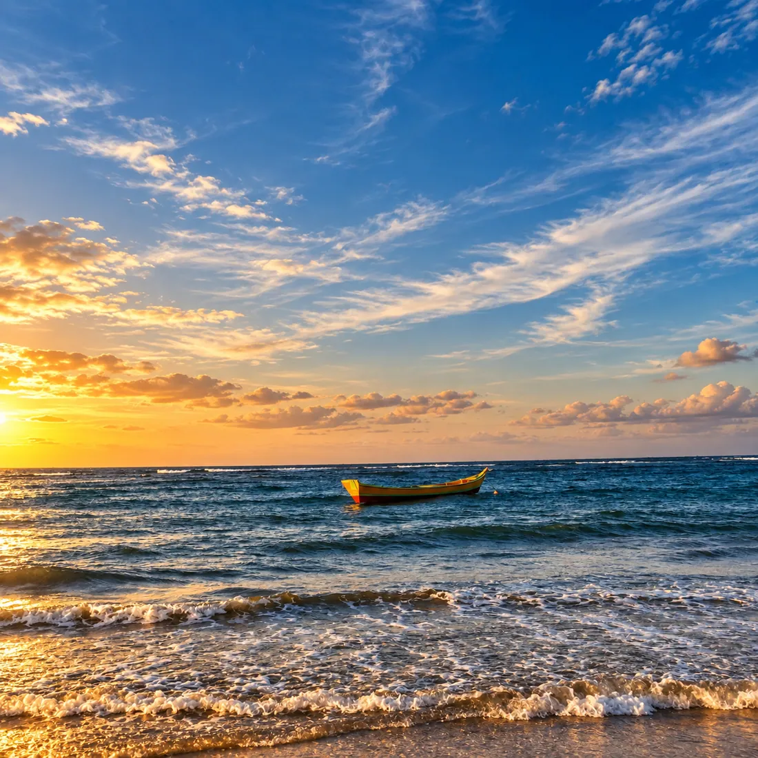 Barco no mar ao pôr do sol