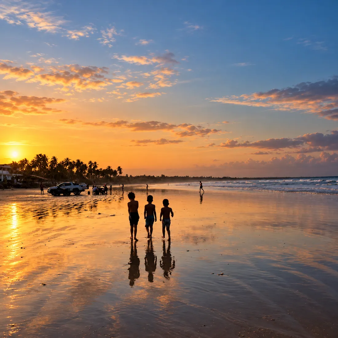Crianças na praia ao pôr do sol