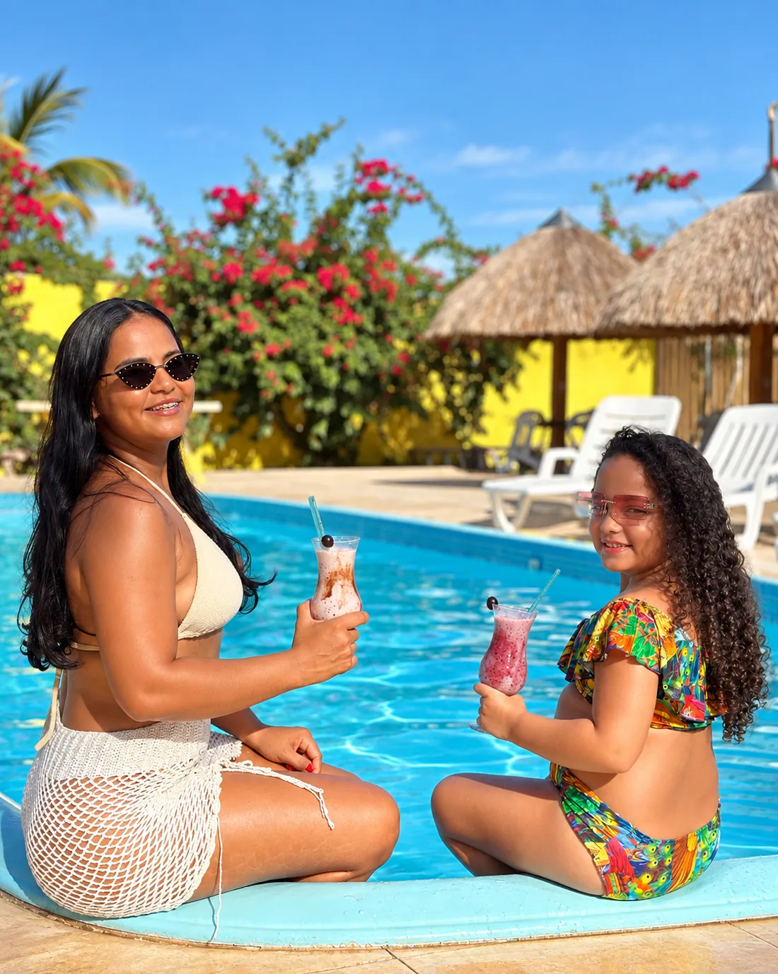 Mãe e filha aproveitando drinks na piscina