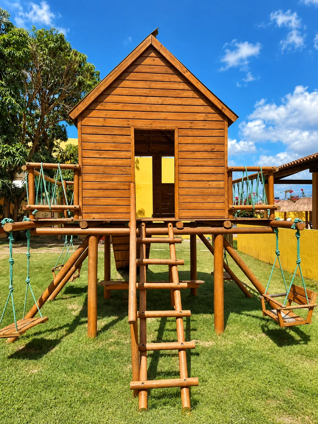 Casinha de madeira do parque infantil no gramado